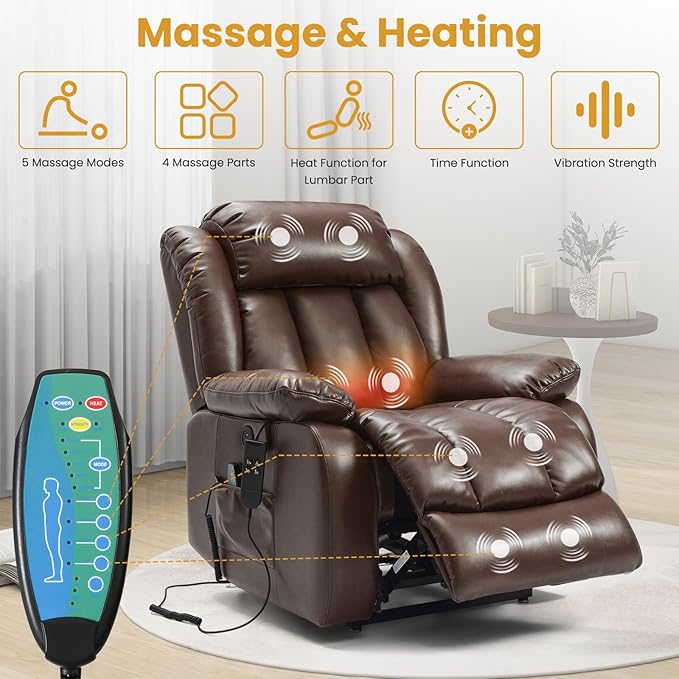 PARKOL Large Breathing Leather Infinite Position Power Lay Flat Lift Recliner Chairs for Elderly, Dual Motor with Massage and Heating,Extended Footrest,USB & Type-C Port and Remote Brown
