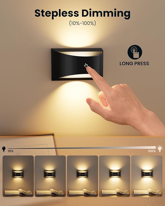 Brightown Magnetic Wall Sconces Set of Two, Rechargeable Battery Powered Wall Sconce with Remote Control, 3 Colors Wireless Up and Down Wall Mount Light for Hallway Bedroom Bedside Living Room (Black)