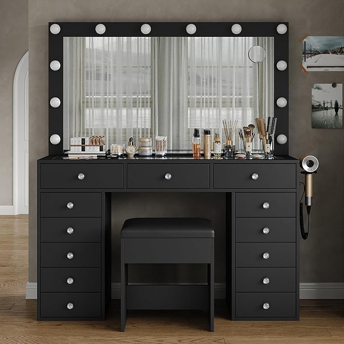 13 Drawers Vanity Desk, 47''W Makeup Vanity with Power Outlet, Vanity Table with Mirror and 12 LED Bulbs, 3 Color Lighting Modes, Glass Top, Dressing Table for Bedroom (Black)