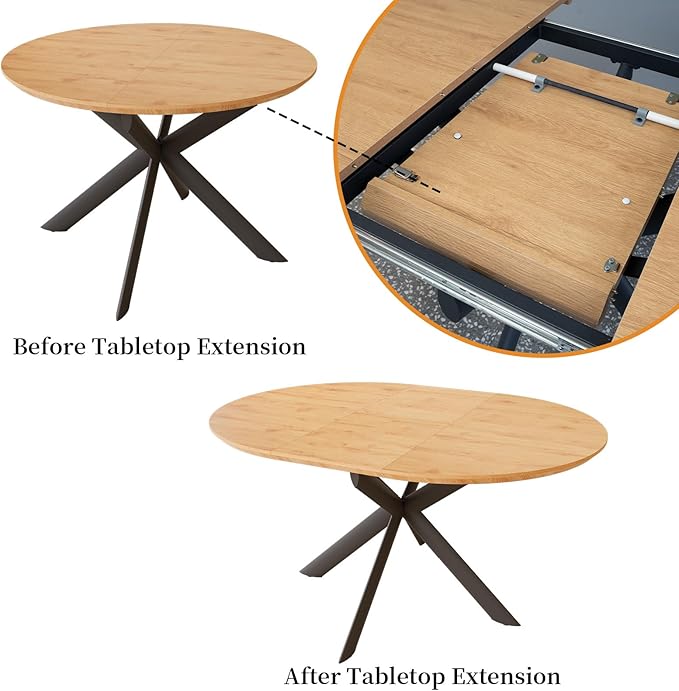 43.2"-59.1" Extendable Round Dining Table for 4-6 Person, Modern Wooden MDF Round Kitchen Table, Oak Coffee Table w/ 4 PU Leather Chairs