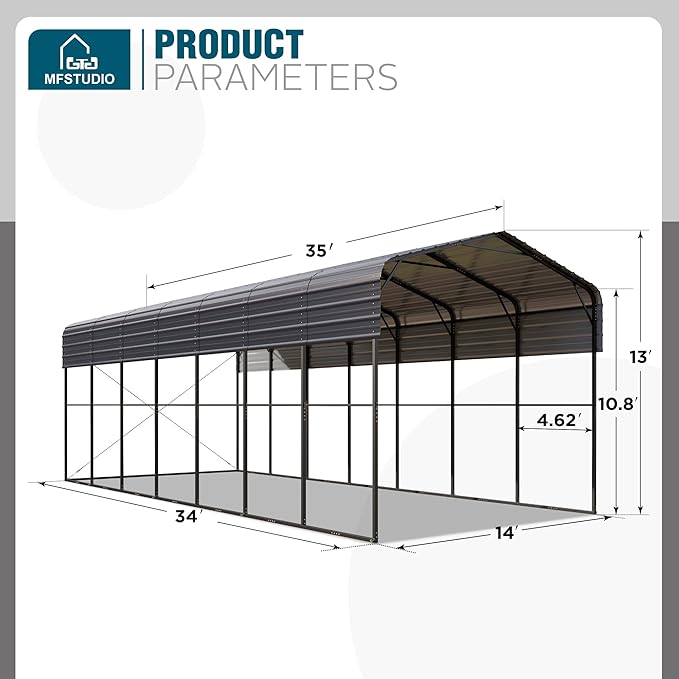 MFSTUDIO RV Carport 14x35 ft, Outdoor Heavy Duty Carports, Height 13 ft for Large RVs Metal Shed Canopy Shelters Garage Shelter Shade Car Ports with Galvanized Roof for 2 Cars, Truck and Boats ﻿