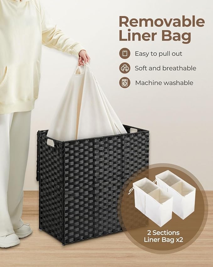 Greenstell Laundry Hamper with lid, No Install Needed, 130L Wicker Laundry Baskets Foldable 2 Removable Liner Bags, 2 Section Clothes Hamper Handwoven Rattan Laundry Basket with Handles, Black