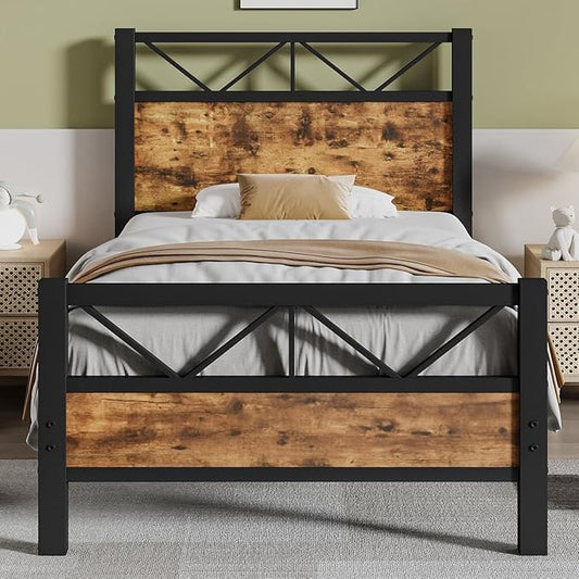 Twin Bed Frames, Twin Beds with 51.2" Tall Headboard, Industrial Bed Frame Twin with Heavy Duty Metal Slats Support, No Box Spring Needed, Noise-Free, Easy Assembly, Rustic Brown