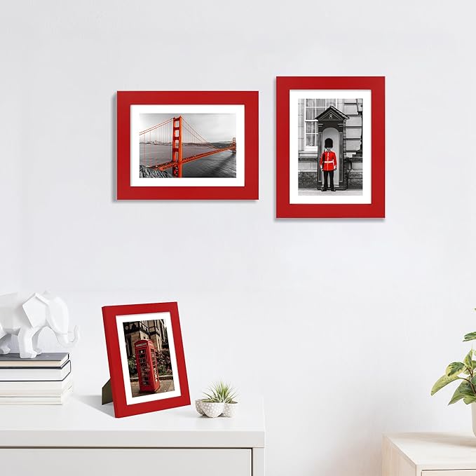 5x7 Picture Frame Set of 4, High Definition Real Glass, Display Pictures 4x6 with Mat or 5x7 Without Mat, Gallery Wall Hanging or Tabletop Photo Frames, Red
