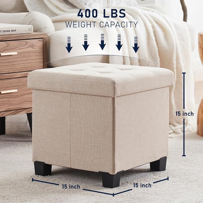 Ornavo Home 15 Inch Folding Storage Ottoman with Storage, Square Cube Linen Small Storage Ottoman Foot Rest Stool with Legs - Beige