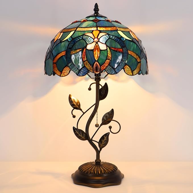 Tiffany Table Lamp, Stained Glass Desk Light, W12H19 Inch, Metal Leaf Base (Blue Baroque Style)