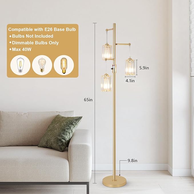 Gold Crystal Floor Lamps for Living Room, Dimmable 3 Lights Modern Standing Lamp with Crystal Shade, Dimmer Switch, 65" Industrial Tall Tree Lamp, Vintage Brass Corner Lamp for Bedroom