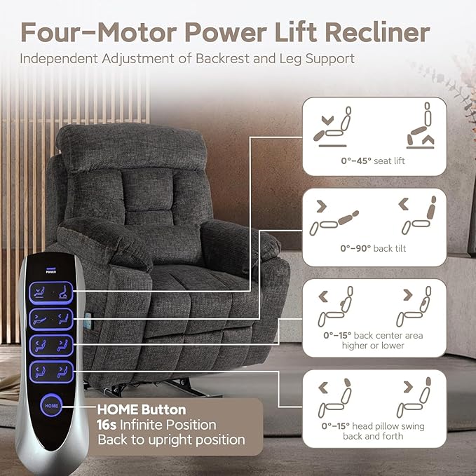 Lazy Boy Recliner Chair with Heated and Massage, 4 Motor Headrest, Lumbar Independent Adjustment Power Lift Recliner with Hidden Cup Holder、Side Pocket、Back Pillow