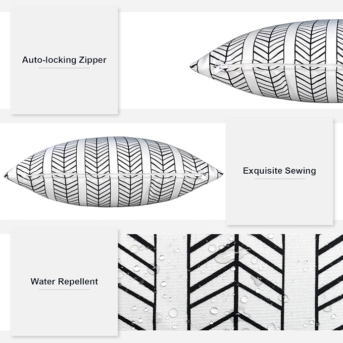 Outdoor/Indoor Throw Pillow Covers Set of 2, All Weather Square Pillow Cases 16x16 Inch, Patio Cushion Pillow of Home Furniture Use, HerringboneWhite