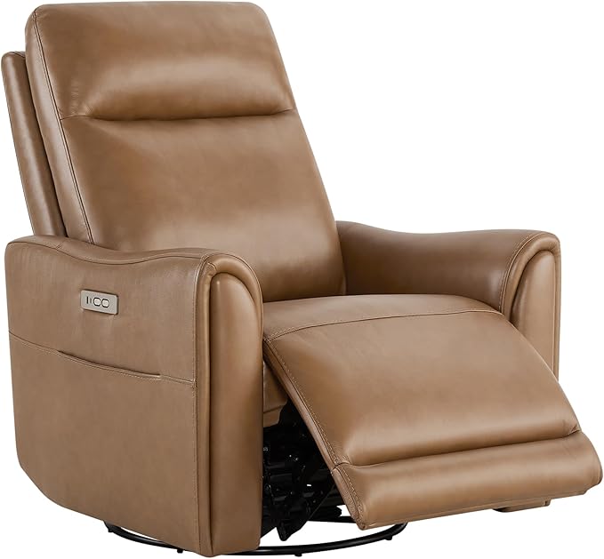 Watson & Whitely Genuine Leather Power Recliner Chairs for Adults, Swivel Glider Recliner Chair for Living Room with Charging Ports, Saddle