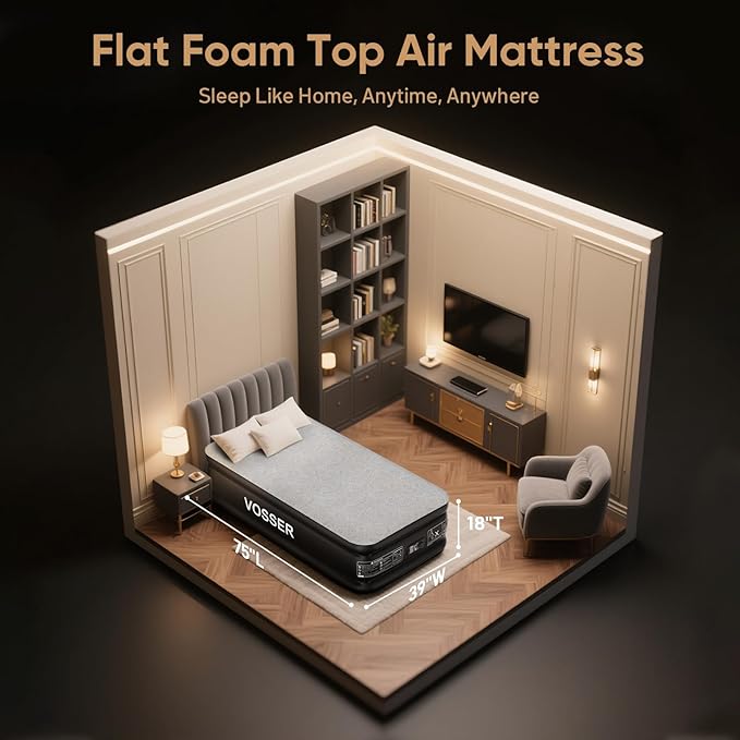Twin Air Mattress with Built-in Pump,18'' Foam Topper Blow Up Mattress,Luxury Inflatable Mattress 2 Mins Self-Inflation/Deflation - Breathable and Flatness-Free for Camping, Home & Guests