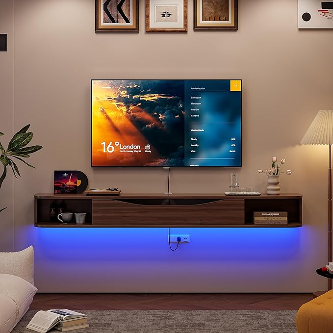 Floating TV Stand,94'' Wall Mounted TV Cabinet,Floating TV Console,Under TV Shelf with 1 Door and 2 Cabinets for TVs up to 90''(Walnut)