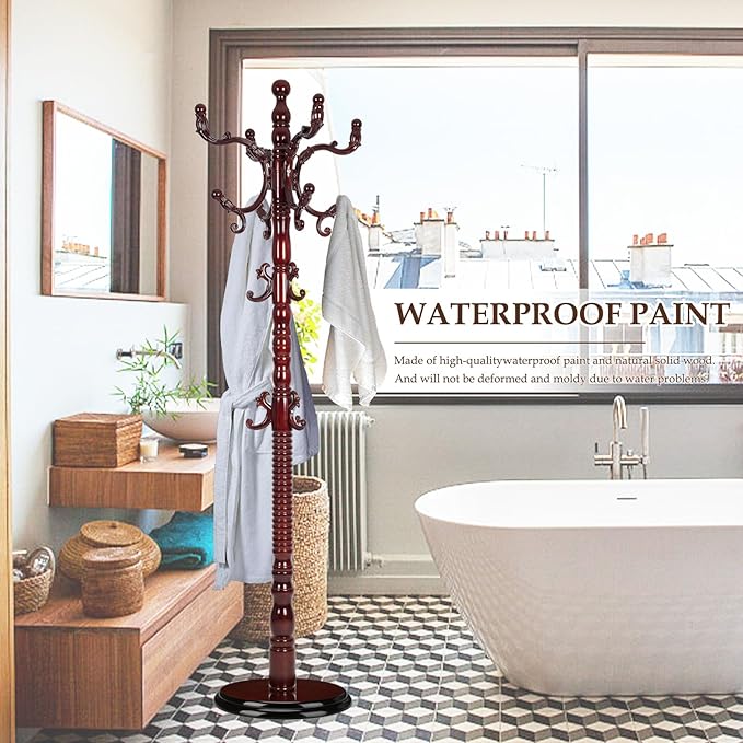 Wood Coat Rack Freestanding, Natural Coats Tree Stand with 14 Hooks, 73" Sturdy and Easy Assembly Coat Rack Stand for Entryway, Hallway, Bedroom, Bags, Hats (Heavy-duty Disc Base, Rosewood)