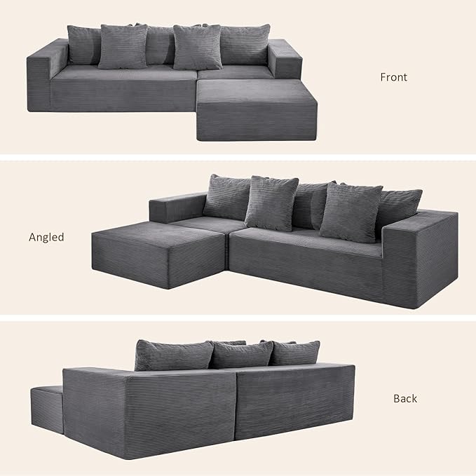 INGEROOM 108" Cloud Sectional Couch with L-Shape Chaise, Modular Sofa Memory Foam, Boneless Sofa with Movable Ottoman, Upholstered Couches for Living Room Bedroom, No Assembly Required, Dark Gray