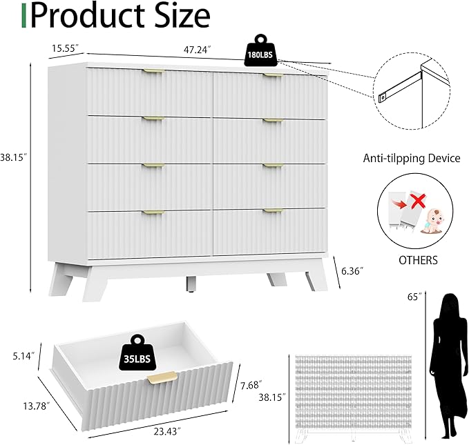 Fluted Dresser for Bedroom with 8 Drawers, 48" Wide Modern Chest of Drawers with Metal Handle, Wooden Dresser TV Stand, Wood Closet Clothes Storage Drawer Organizer for Living Room, Hallway, White