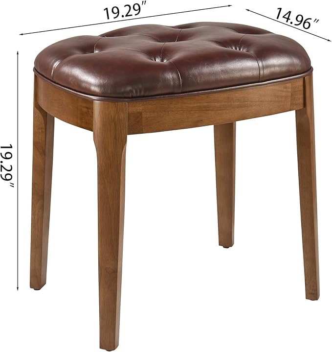 Solid Wood Button Tufted Vanity Stool, Ottoman Stool with Wood Legs & Padded Seat PU Leather Upholstered Piano Bench with Non-Slip Foot Pads Accent Chair for Bedroom Entryway, Wine Red