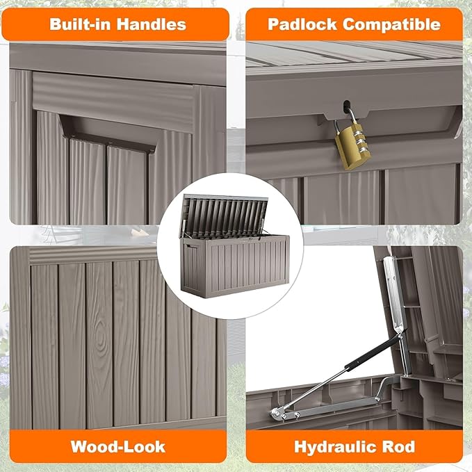 80 Gallon Resin Deck Box, Lockable Outdoor Storage Box for Patio Cushions Storage Furniture,Garden Tools, Pool Supplies, Weatherproof and UV Resistant- Grey (80 Gallon)