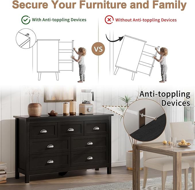 7 Drawer Dresser, Farmhouse Dresser for Bedroom, Antique Black Chest of Drawers, Modern Double Dressers for Bedroom, Closet