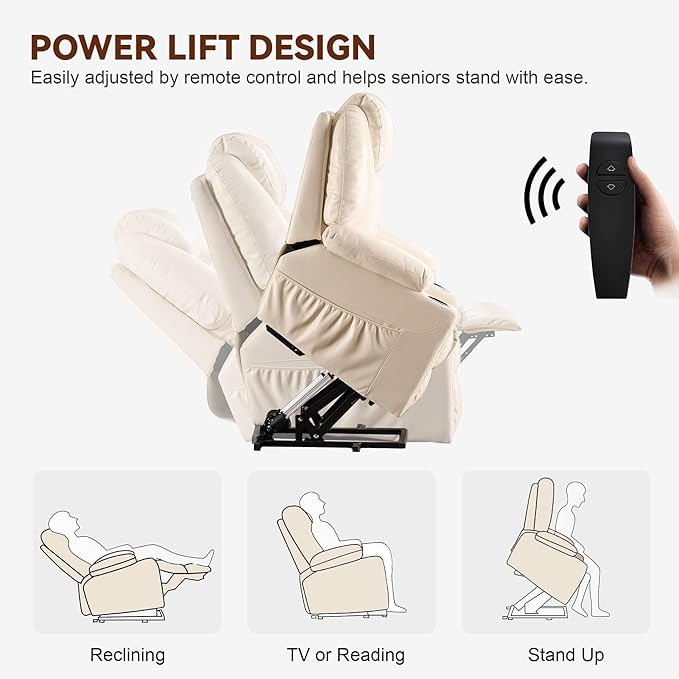 SALOHZA Power Lift Recliner Chair for Elderly with Massage and Heat for Living Room, Electric Recliner Chair for Adults with USB/Type C Port/Cup Holders, PU Faux Leather, Cream White