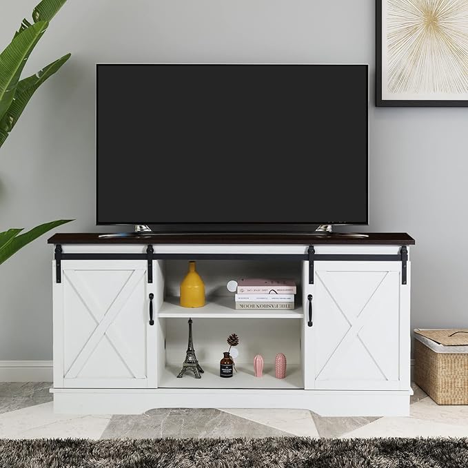 Rainbow Sophia TV Stand, Storage Cabinet with Sliding Barn Doors and Adjustable Shelves, Modern 28”H, Vintage White/Espresso