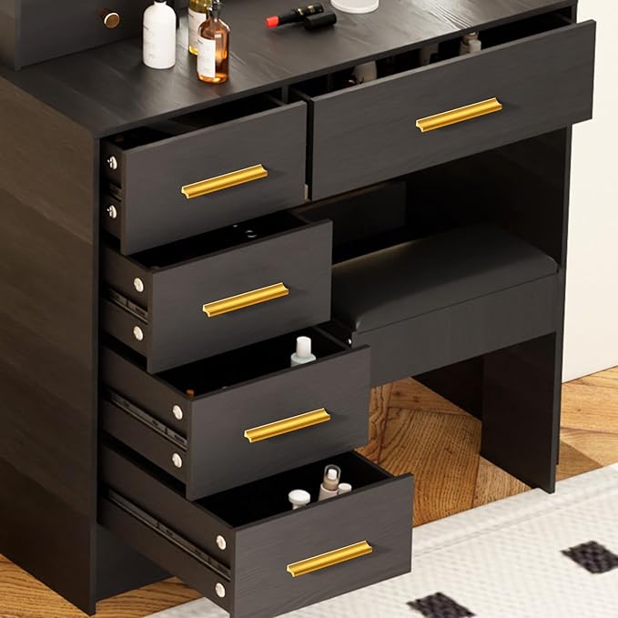 Black Vanity Set with 6 Drawers & Rose Gold Handles, Girls Vanity Desk Table Dressing Bench Stool with Sliding LED Lighted Vanity Makeup Mirror Adjustable Brights and 3 Colors for Bedroom