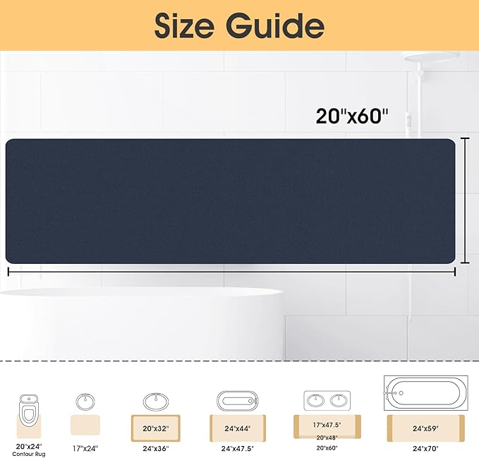 Ultra Thin Non-Slip Bath Mat Fit Under Door, Upgrade Backing Non Slip Bath Mat, Quick Dry Ultra Absorbent Bathroom Rugs, Machine Washable Bath Mats for Bathroom, Bathtub & Kitchen, Dark Blue, 59"x20"