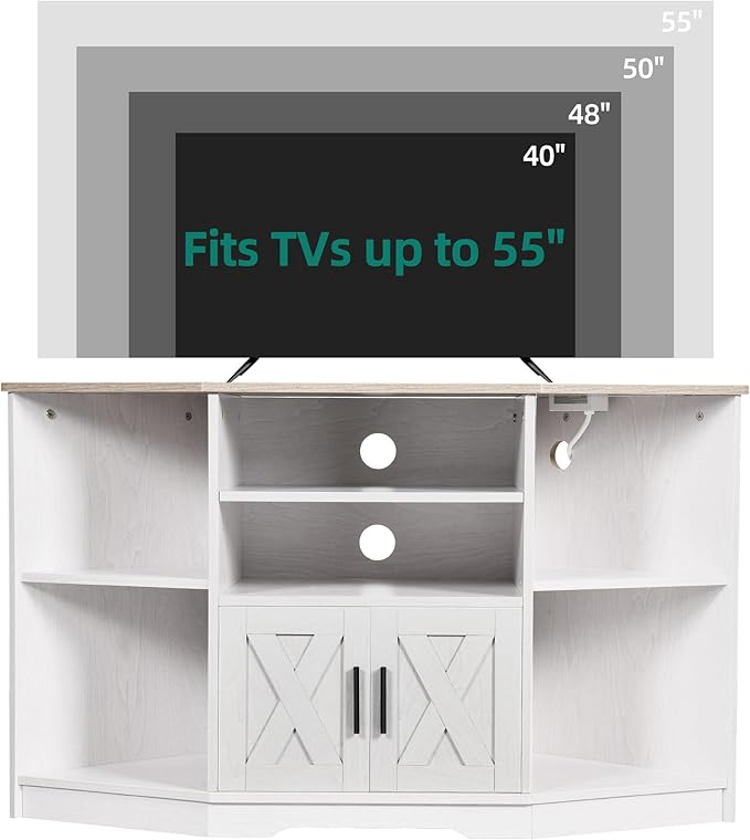 YITAHOME Corner TV Stand for 55/50 Inch TV, Farmhouse TV Stand for Living Room, Entertainment Center with Storage & Power Outlet, TV Console Cabinet for Living Room, Grey Wash & Grey White