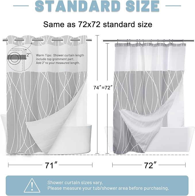 No Hook Ombre Light Grey Striped Shower Curtain with Snap in Liner Set - Hotel Shower Curtain and Liner Set with See Through Mesh Top Window,Machine Washable, 71x74 INCH