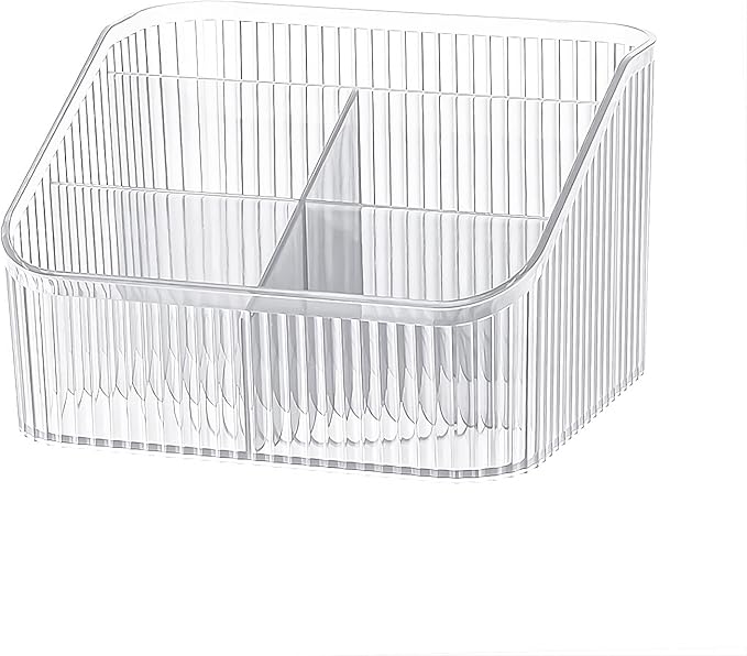 DASITON Large Capacity Makeup Brush Holder,5 Slot Makeup Brush Cup,Vintage striped Make Up Brush Holder,for Vanity Decor,Bathroom Countertops,Desk Storage Container,Cosmetic Display cases(Clear-L)