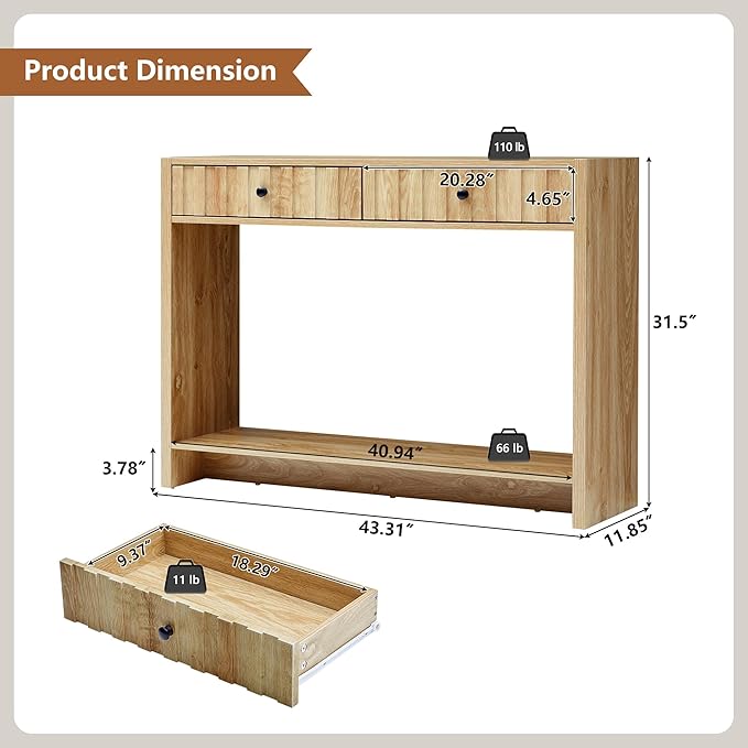 Console Table with Drawers, Narrow Mid-Century Fluted Entryway Table Sofa Table with Storage Shelf, Wood Entry Table Accent Behind Couch Ta ble for Entrance, Hallway, Living Room (Natural)