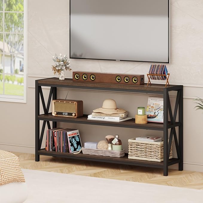 FATORRI Console Table for Entryway, Modern Entry Table with 3 Tier Shelves, Couch Tables Behind Sofa for Living Room (55 Inch, Dark Walnut)