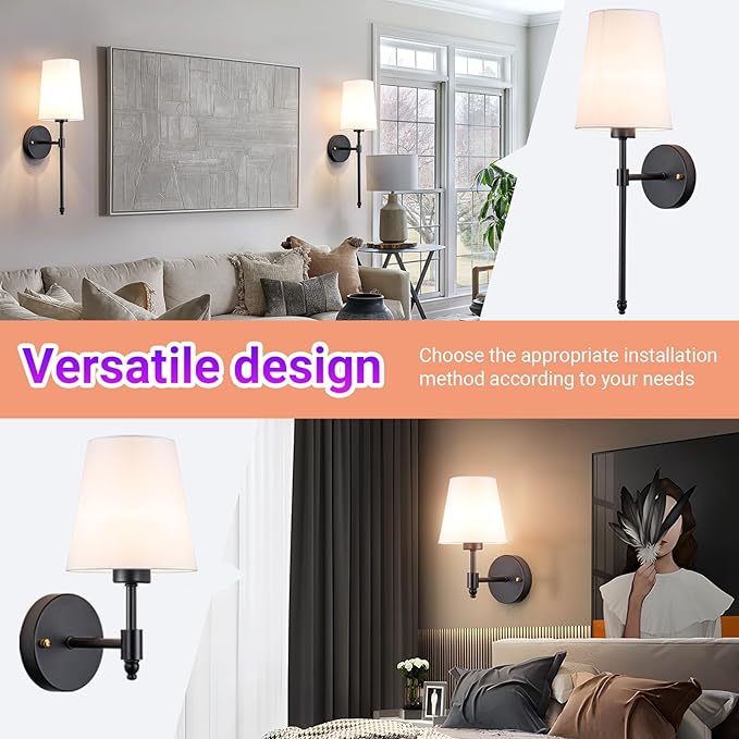 Battery Operated Wall Sconce Light with Remote Control, Dimmable Wall Sconce Set of 2 with White Fabric Shade, Indoor Wireless Battery Operated Wall Lamp Light For Bedroom Living Room, Bulb Included (
