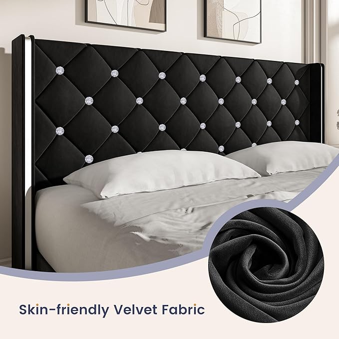 HOMBCK King Size Bed Frame Black, Velvet Upholstered Bed Frame King with Diamonds Tufted Headboard and Footboard, Wooden Slats Support, No Box Spring Needed, Easy Assembly, Black