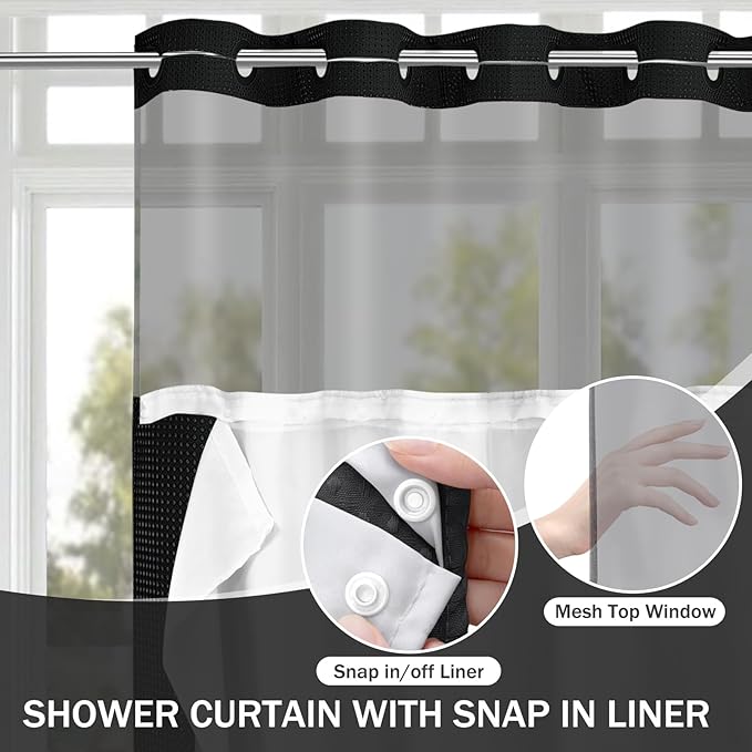YellyHommy Stall No Hook Shower Curtain with Snap in Liner Set Less Time Black Waffle Shower Curtain for Bathroom 75" L x 36" W