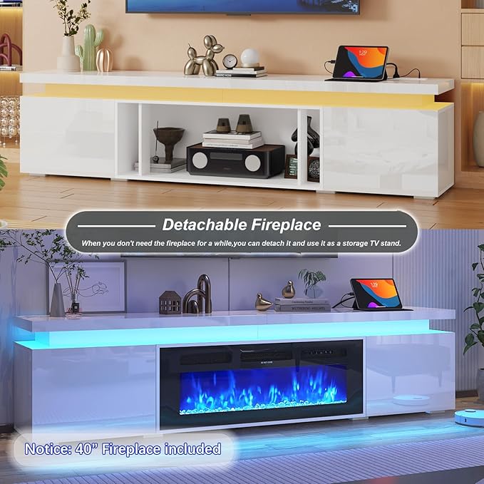 Fireplace TV Stand for 80" TV, 71" LED TV Stand with 40" Electric Fireplace & Power Outlet, High Gloss Surface, 2 Storage Cabinet, Modern Style (71 Inch, White