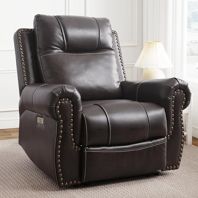 ANJ Electric Power Recliner Chair with USB Ports, Breathable Faux Leather Oversized Recliner with Comfortable Arms, Back and Headrest, Single Sofa for Living Room, Dark Brown