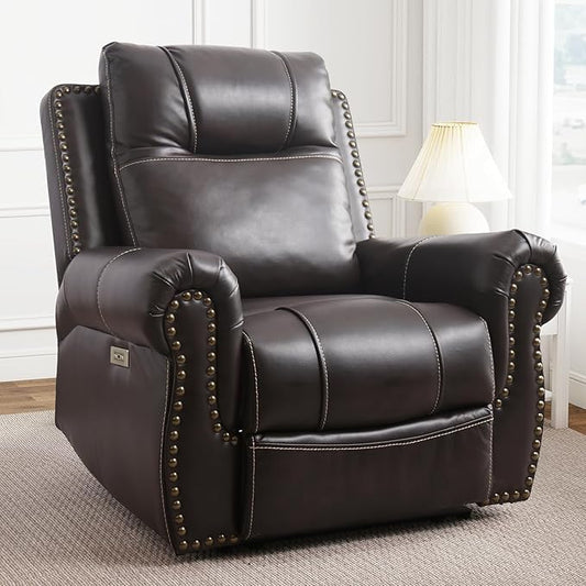 ANJ Electric Power Recliner Chair with USB Ports, Breathable Faux Leather Oversized Recliner with Comfortable Arms, Back and Headrest, Single Sofa for Living Room, Dark Brown