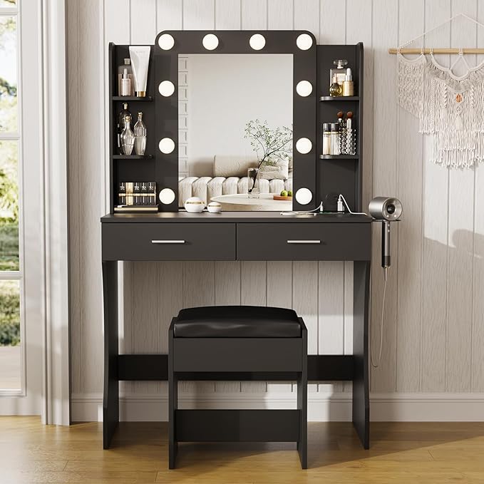Maupvit Vanity Desk with Mirror and Lights,Makeup Vanity Table Set with Power Outlet,3 Lighting Modes & Adjustable Brightness Dressing Table with 2 Drawers for Bedroom Dressing Room,Black