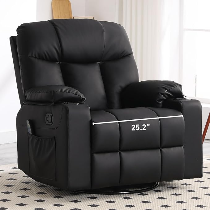 Bonzy Home Oversized Swivel Rocker Recliner, 40" Rocking Recliner Chair with Heated and Massage, PU Leather Single Sofa with Swivel Function, 2 Cup Holders for Living Room Bedroom, Black