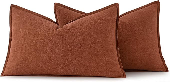 MIULEE Fall Decorative Linen Lumbar Pillow Covers 12x20 Inch Rust Boho Farmhouse Neutral Couch Throw Pillows for Bed Pack of 2 Accent Modern Pillowcase Summer Sofa Livingroom Home Decor