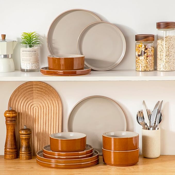 vancasso ONION Ceramic Plates and Bowls Sets, 12 Pieces Grey Dinnerware Sets for Kitchen, Reactive Glaze Dishes Set for 4, Dishwasher and Microwave Safe