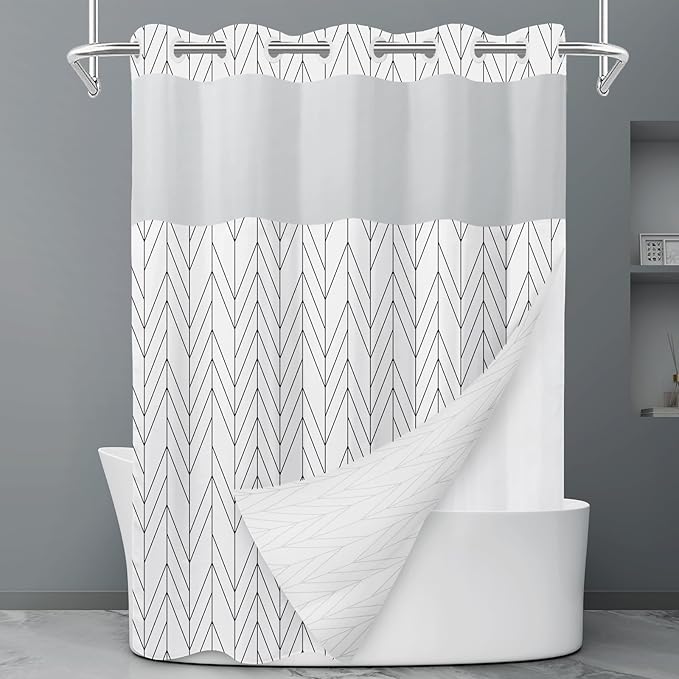 No Hook Geometric Striped Shower Curtain with Snap in Liner Set - Hotel Shower Curtain and Liner Set with See Through Mesh Top Window,Machine Washable, 71x74 INCH - Black White Chevron