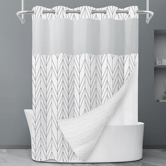 No Hook Geometric Striped Shower Curtain with Snap in Liner Set - Hotel Shower Curtain and Liner Set with See Through Mesh Top Window,Machine Washable, 71x74 INCH - Black White Chevron