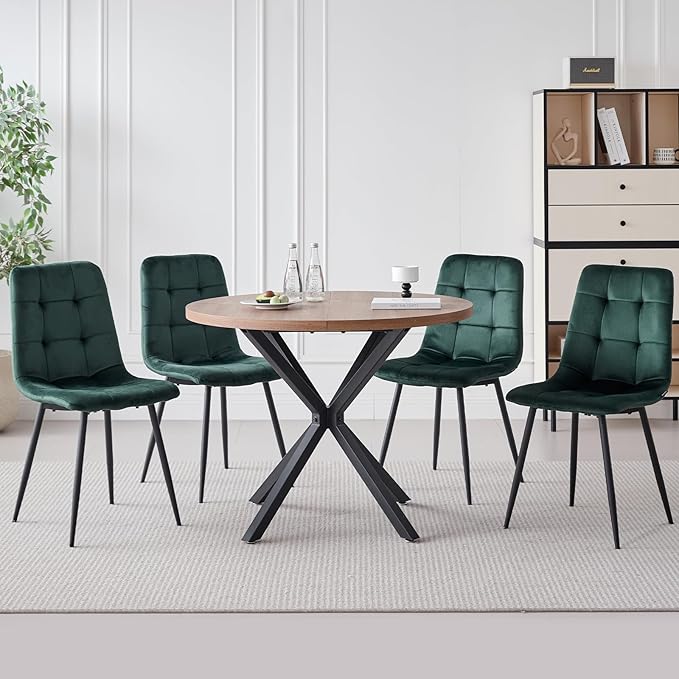 39" Round Dining Table Set for 4, Mid Century Kitchen Table with 4 Green Velvet Upholstered Dining Chairs for Apartment Living Room Space Saving