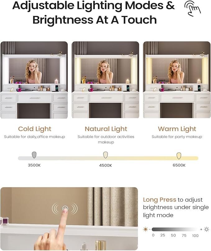 AOGLLATI Vanity Desk with Mirror and Lights, Makeup Vanity Desk with Lights, Large Mirror with Charging Station and 3 Color Lightbox, White Vanity Table with 7 Drawers for Bedroom, White