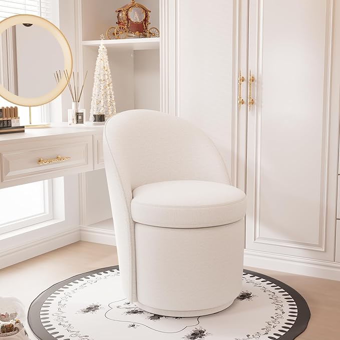 YOUNIKE Vanity Bench Boucle Fabric Beige Solid Wood Swivel Accent Chair with Backrest Easy Assembly Dressing Stool for Bedroom & Makeup Room