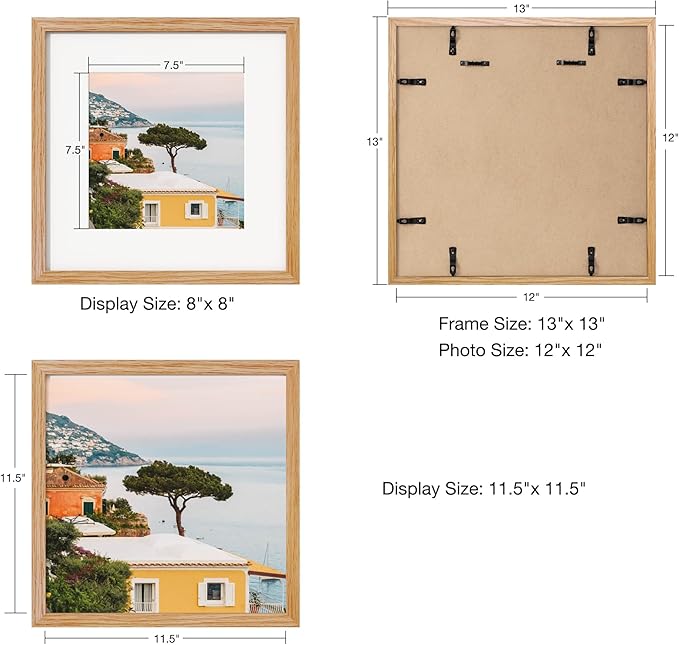 Axeman 12x12 Picture Frame with Mat for 8x8, Solid Oak Wood Square Picture Frame with Tempered Glass, Natural Wooden 12x12 inch Photo Frame for Wall Home Decor Art Photo and Prints, Natural
