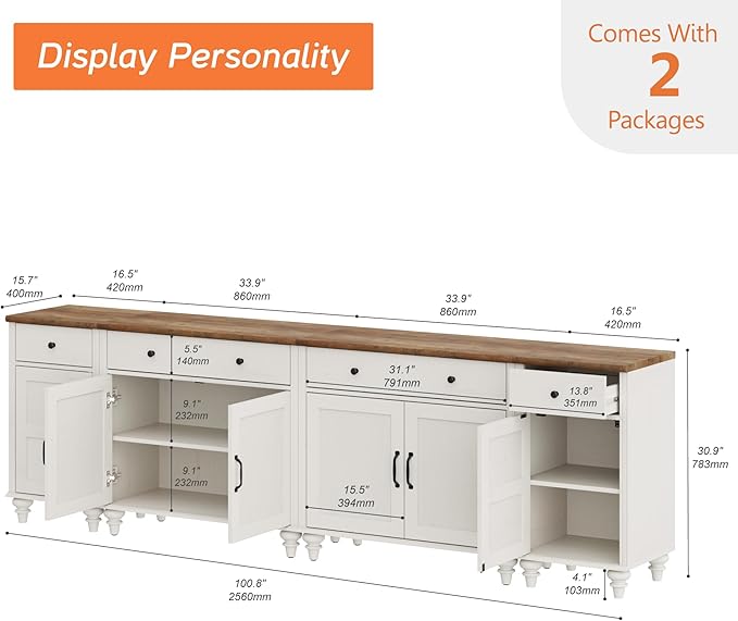 WAMPAT Farmhouse TV Stand for 100 Inch TV, 4-in-1 TV Console Table for 75/80/85/90 Inch TV, Entertainment Center with Charging Station, Kitchen Sideboard Buffet Cabinet for Dining Room, White