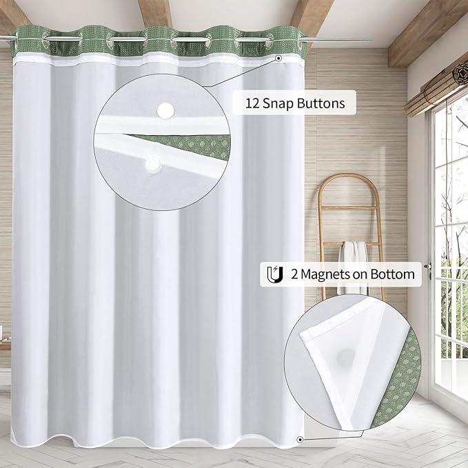 MitoVilla No Hooks Required Sage Green Waffle Shower Curtain Set with Snap-in Liner, Modern Heavyweight Fabric Shower Curtain for Hotel Grade Spa-Like Bathroom Decor, 72 x 74
