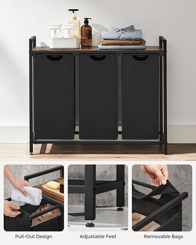 VASAGLE Cesto para Ropa Sucia, Cesta Colada, 3 Bolsas Colada de Tela Oxford Extraíble y Desmontable, 3 x 38 L, 92.5 x 33 x 72 cm, Estante, Marco Metálico, Negro MBLH301B01
